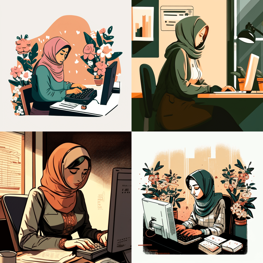 إمرأة مسلمة تكتب على الكيبورد. تم إعداد هذه الصورة باستخدام موقع للرسم بالذكاء الاصطناعي.