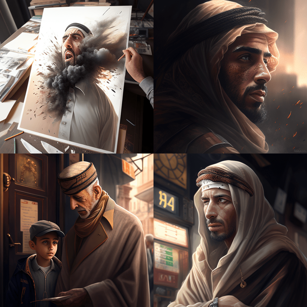 4 صور لرجال عرب. تم إعداد هذه الصور باستخدام موقع midjourney