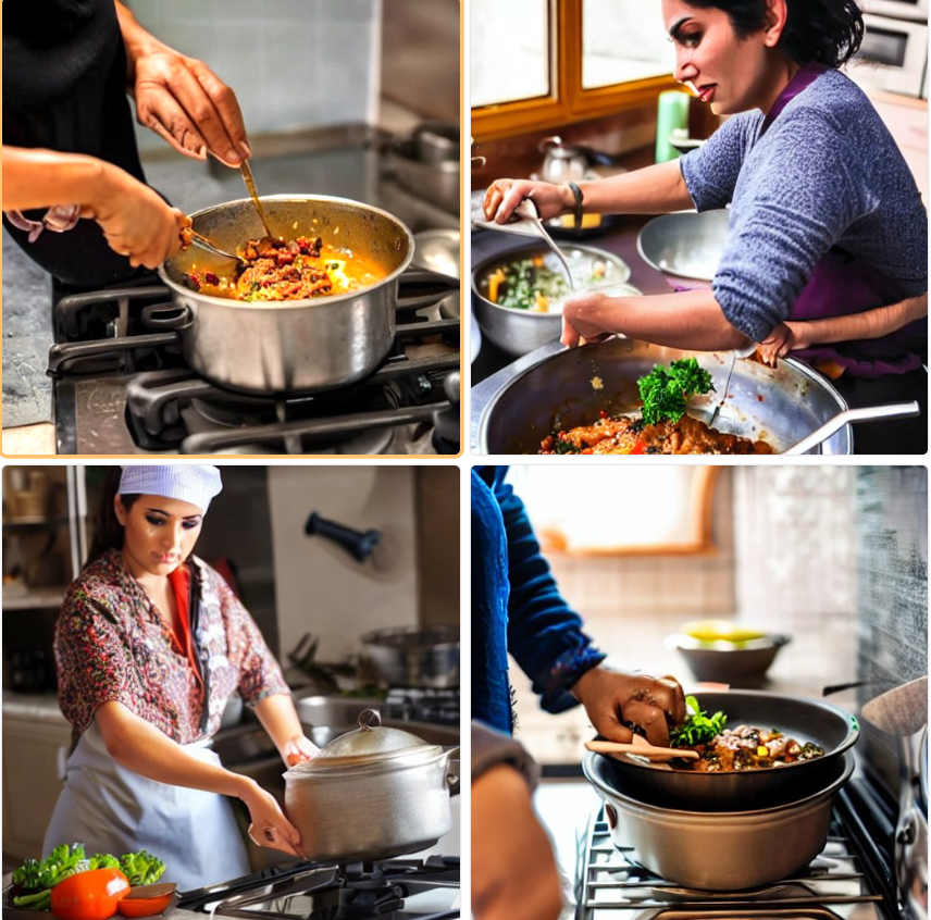 4 صور لسيدة من الشرق الأوسط تُعِد الطعام. تم إنشاء هذه الصور باستخدام الذكاء الاصطناعي